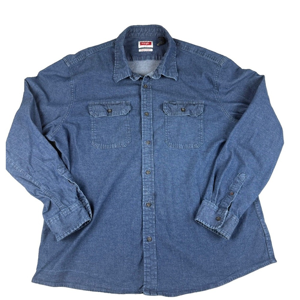 Wrangler Mens 2XL Denim Shirt Flex Work Western Blue Long Sleeve Button Up